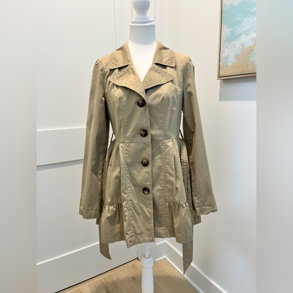 Decree 100% cotton belted ruffle bottom khaki trench coat feminine lightweight - Picture 2 of 11